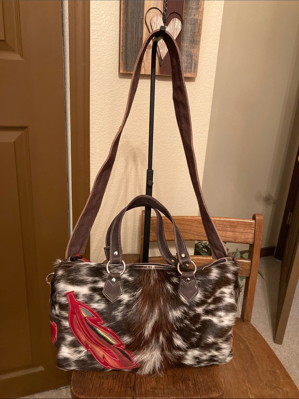 Crimson Willow Lil’ Runaway Tote Hair on Hide/Leather with Serape Feather 🪶 EUC